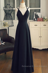 Beautiful Black Chiffon Straps Long A-Line Junior Semi Formal Prom Dress, Black Party Gowns